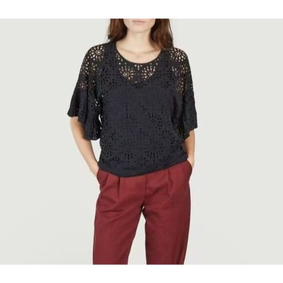 $428 NWOT See by Chloé Eyelet Top Lasercut Perforated Blouse Size 36 Black - Picture 4 of 14